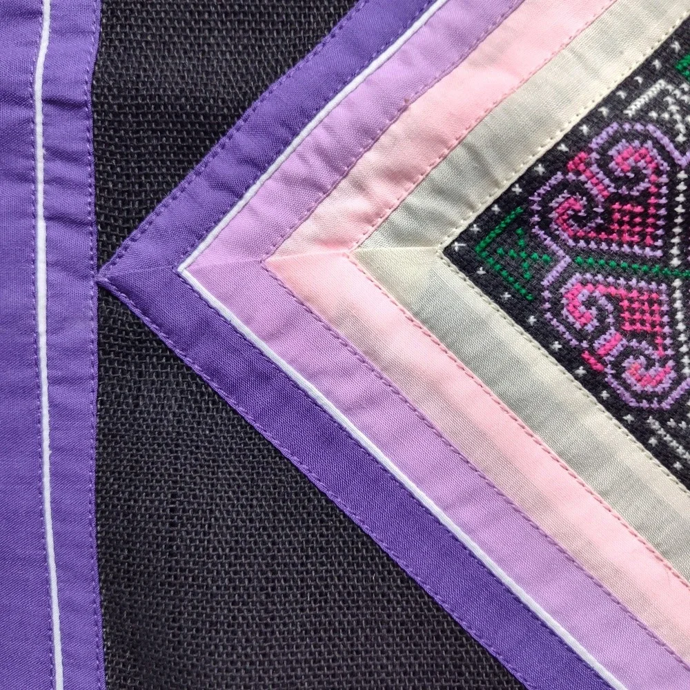 Hmong pillow case cover embroidered purple pink accent artsy geometric FLAWS